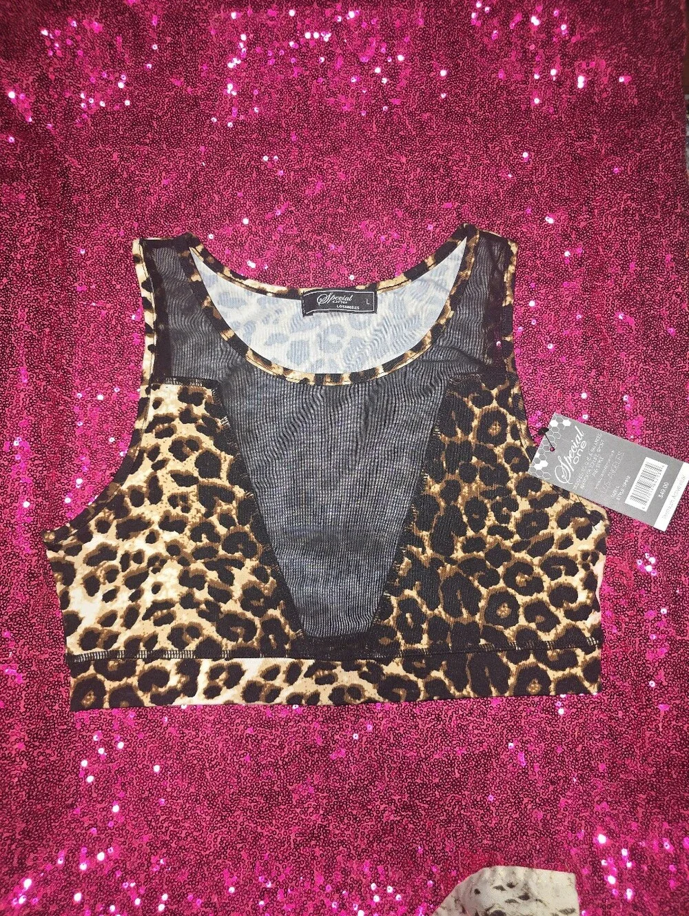 Leopard Print Mesh Panel Crop Top in Brown